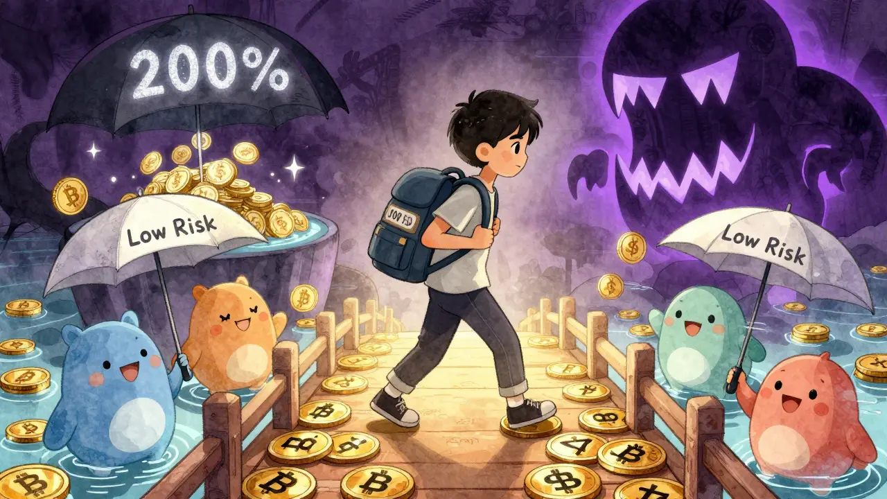 Beginner stepping safely on a BNB/USDT bridge while a dangerous high-APY pool looms in shadows.