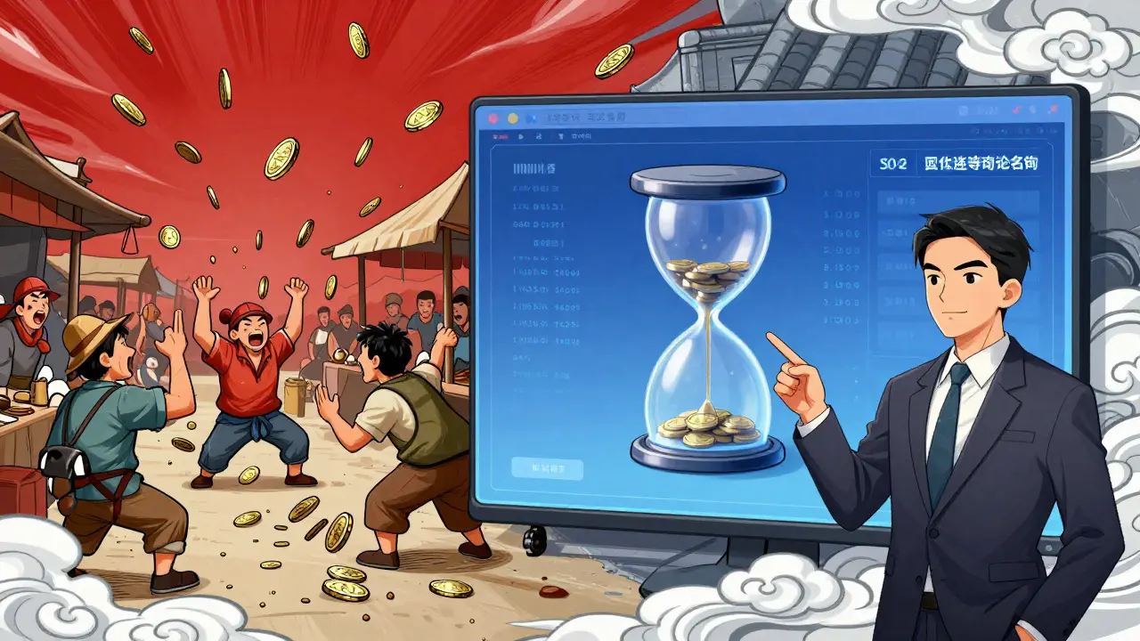 Chaotic token crash on left, calm vesting contract on right, investor pointing at blockchain screen.