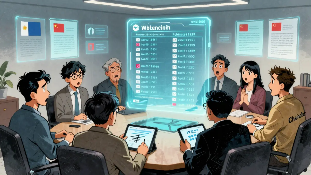 DAO team members shocked as their personal data links appear on a glowing blockchain ledger in Chinese manhua illustration.