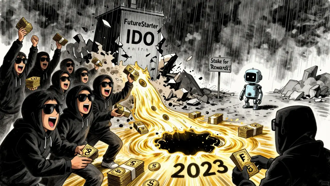 Early investors cash out FS tokens into a black hole as the FutureStarter platform crumbles behind them.