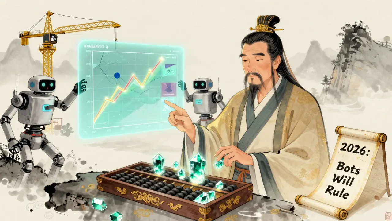Elder using a blockchain abacus as robotic cranes adjust price ranges under a holographic chart.
