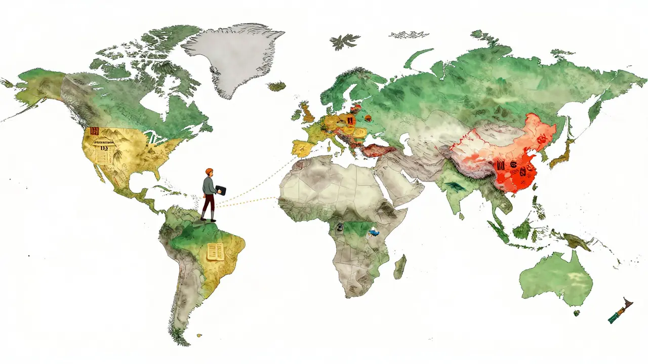 Global map with ink-painted countries showing legal and banned crypto zones.
