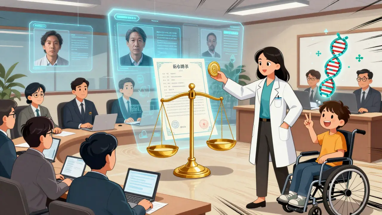 Global token holders voting on a gene therapy proposal using holographic screens in a BioDAO meeting.