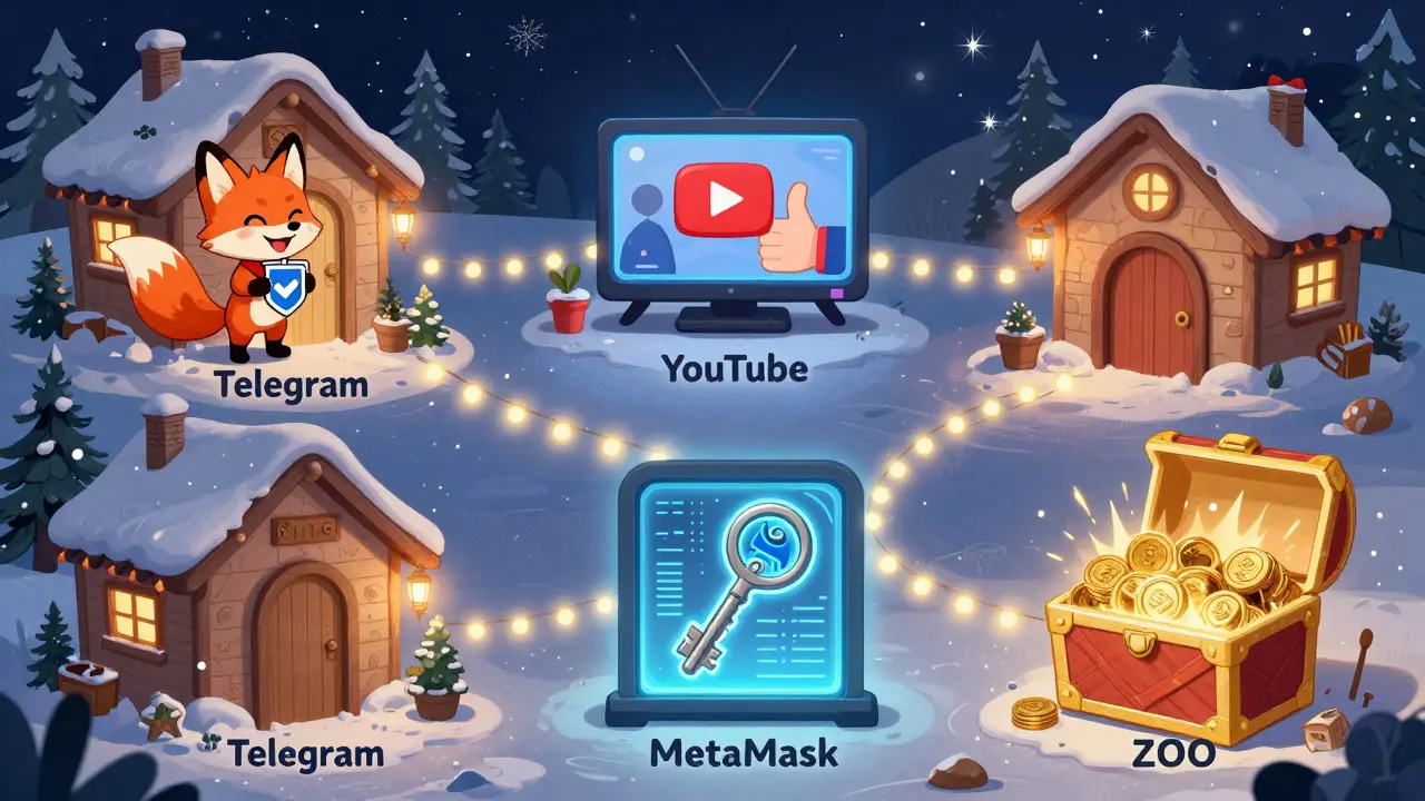 Illustrated path through festive houses representing airdrop steps with digital icons.