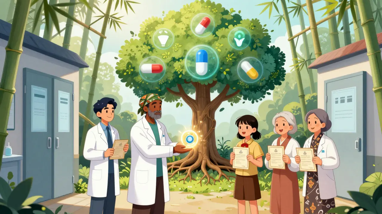 IP token passed from scientists to people worldwide, growing from a blockchain root into a medicine tree.