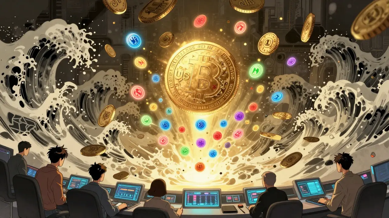 Only 10,000 active crypto tokens glow brightly above a trading dashboard, while millions of dead tokens fade into darkness.