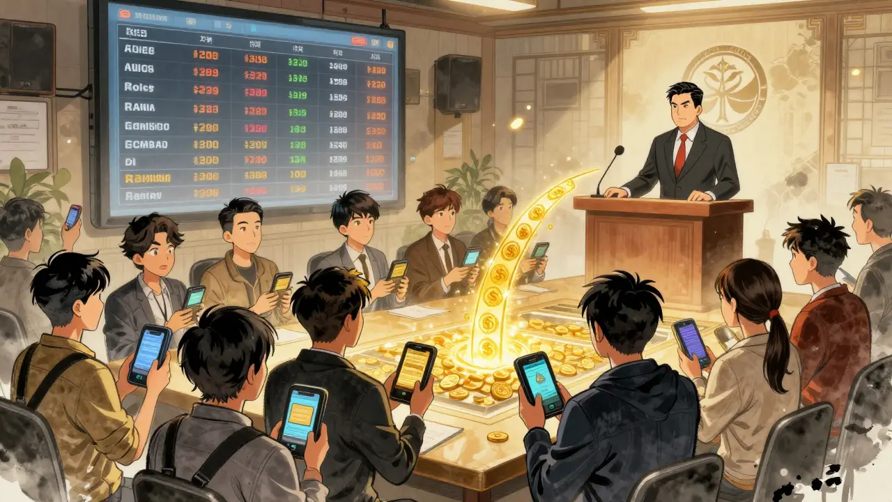 Players line up for a fair auction, receiving RAIN tokens as digital streams flow into a central ledger.