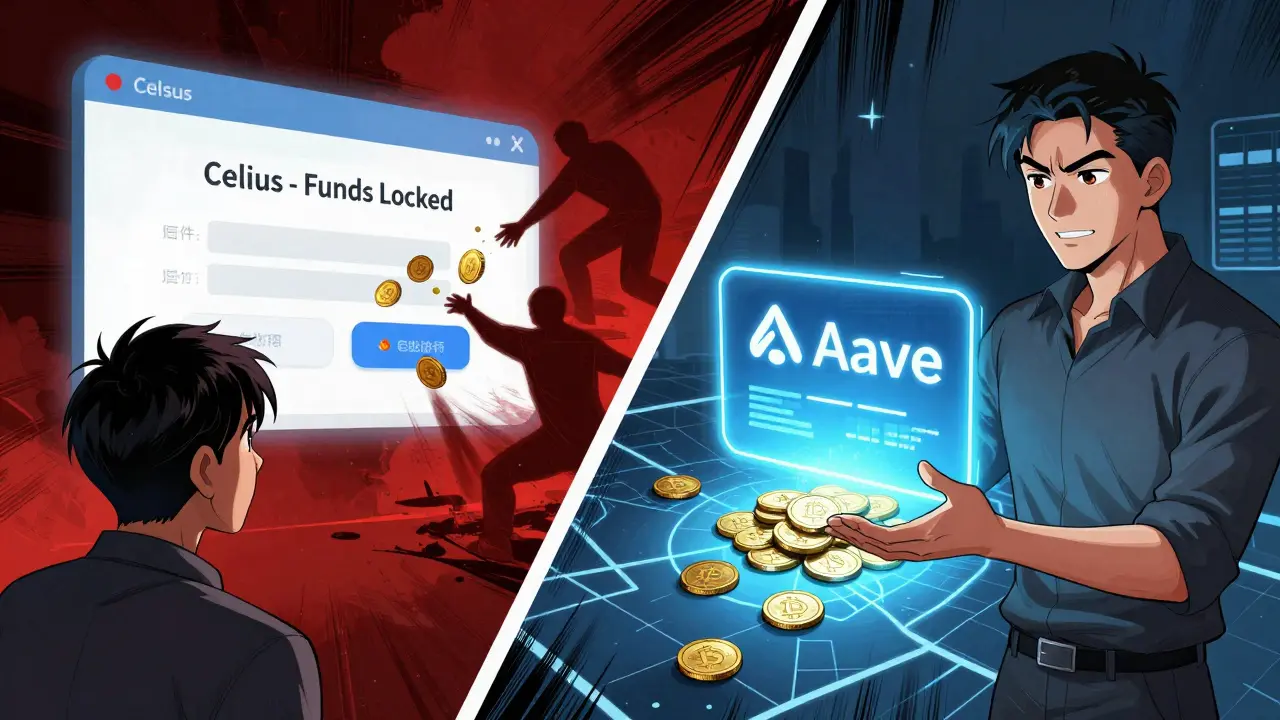 Split scene: one side shows frozen crypto funds, the other shows safe DeFi lending via smart contract.