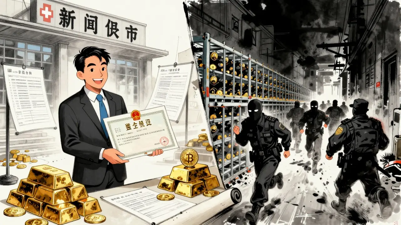 Split scene: Swiss crypto license granted vs. Chinese mining farm shut down.