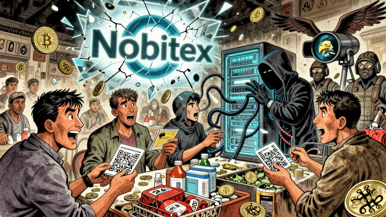 Tehran citizens trading crypto for essentials as the Nobitex logo shatters above them, with a hacker and surveillance agents in the background.