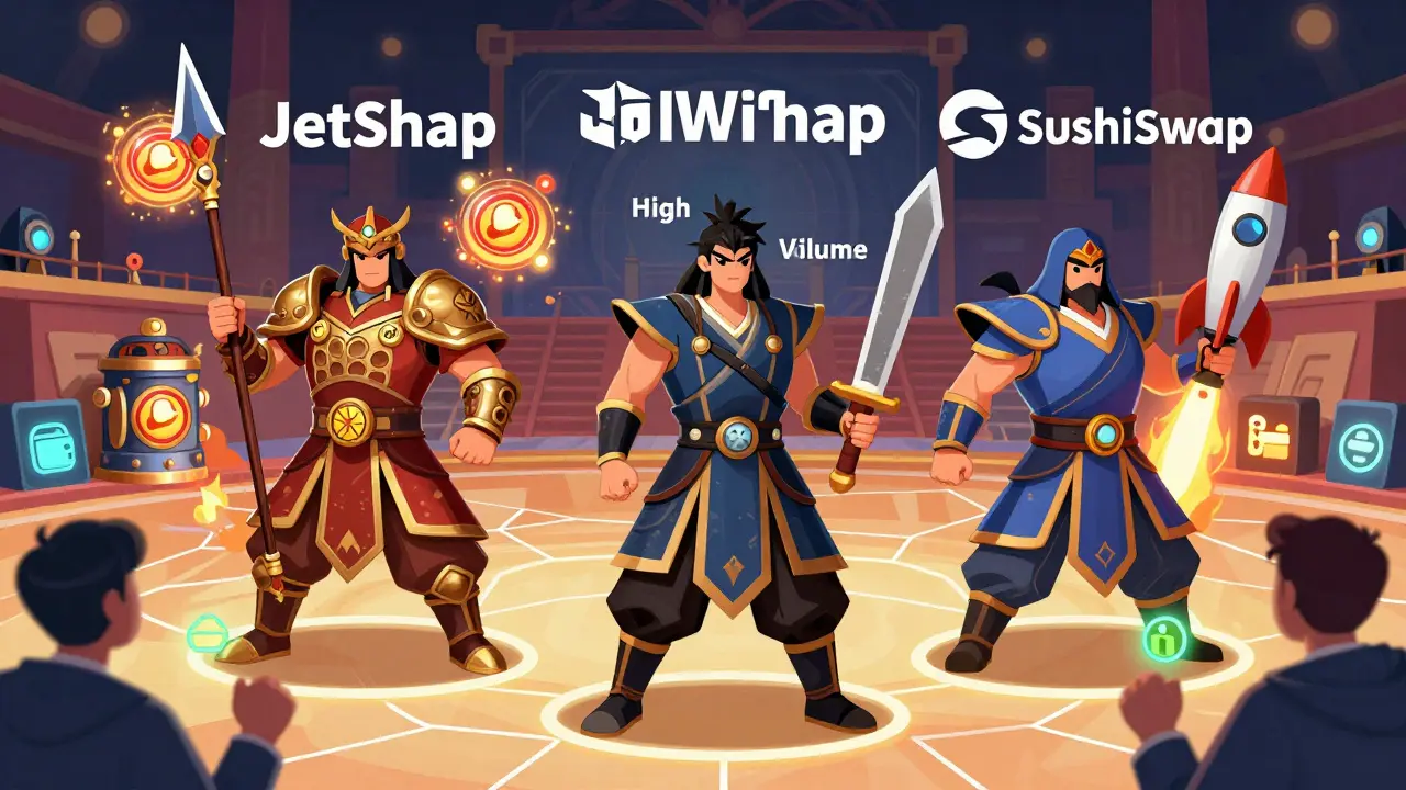 Three stylized DeFi warriors representing JetSwap, QuickSwap, and SushiSwap compete in an arena with blockchain-themed visuals.