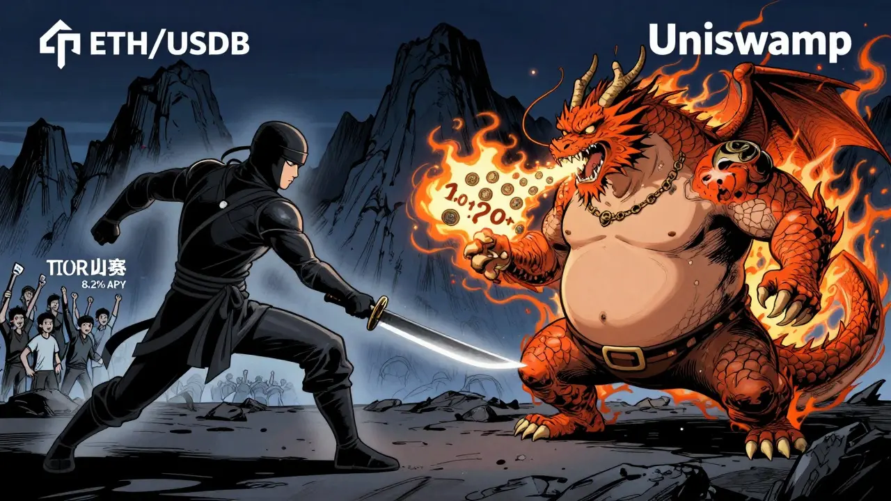 Thruster v2 as a ninja dueling a chaotic Uniswap dragon, with Blast blockchain towering behind them in a high-stakes DeFi battle.