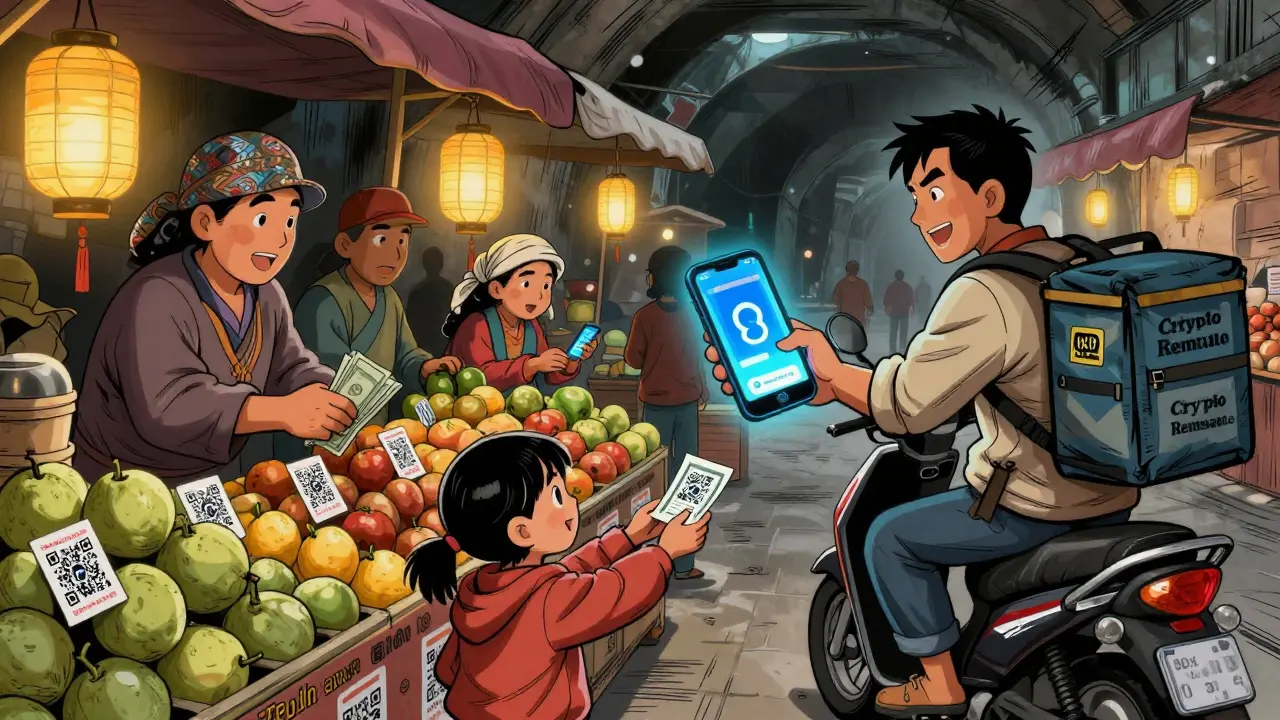 Underground market in La Paz where people trade cash for digital crypto tokens hidden among goods.