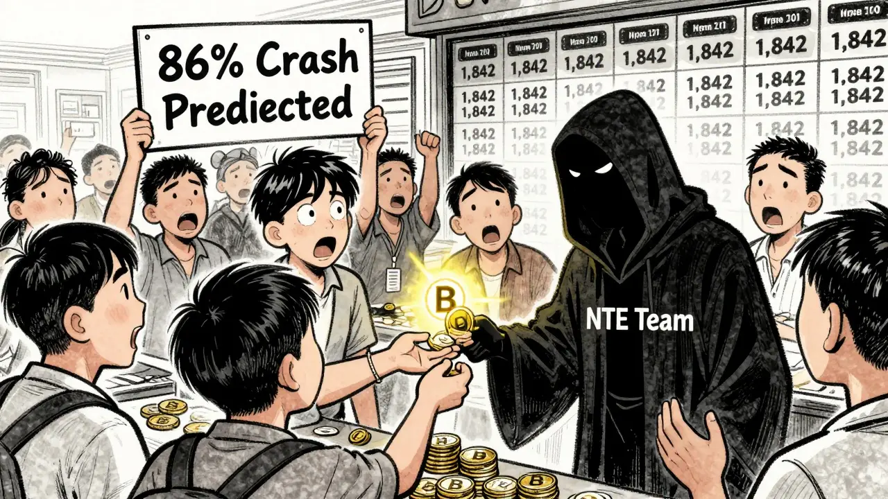 Users trade coins to a shadowy figure while a wall shows only 1,842 wallet names.