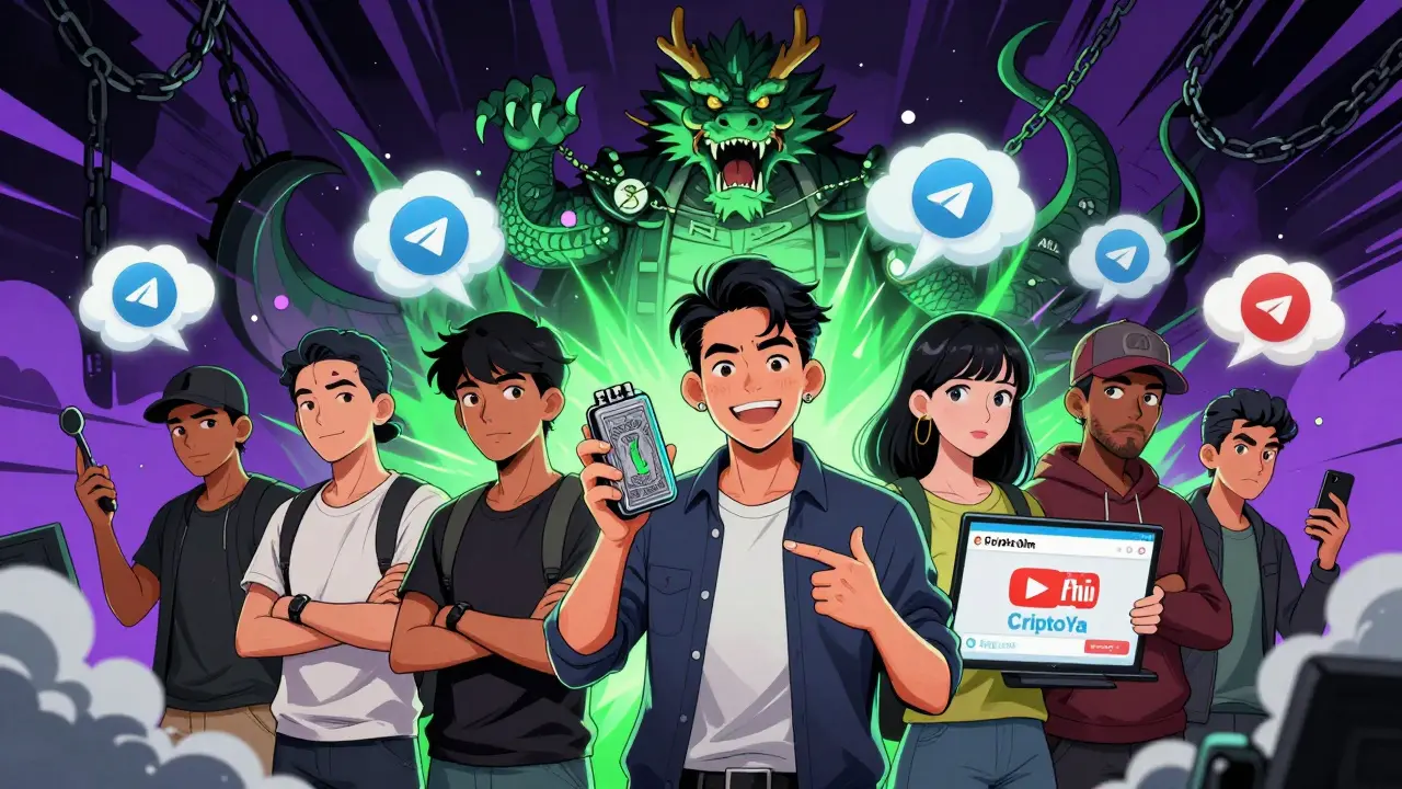 Young Colombians in a digital Telegram group hold crypto wallets as a bureaucratic dragon looms in the distance.