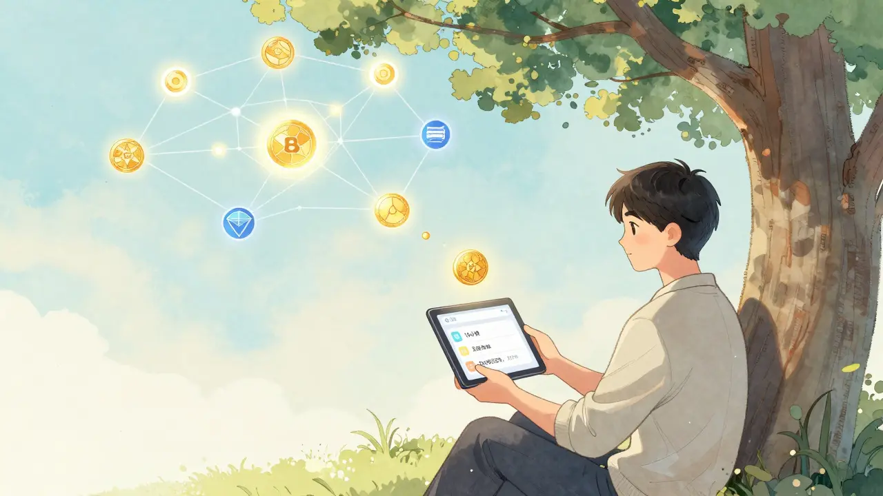 A calm user reviews consistent Base activity as a golden token descends from a blockchain map.