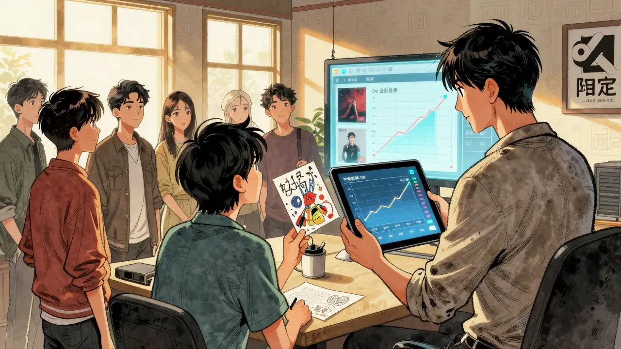 A creator and fans voting on album art using a holographic screen in a sunlit studio.