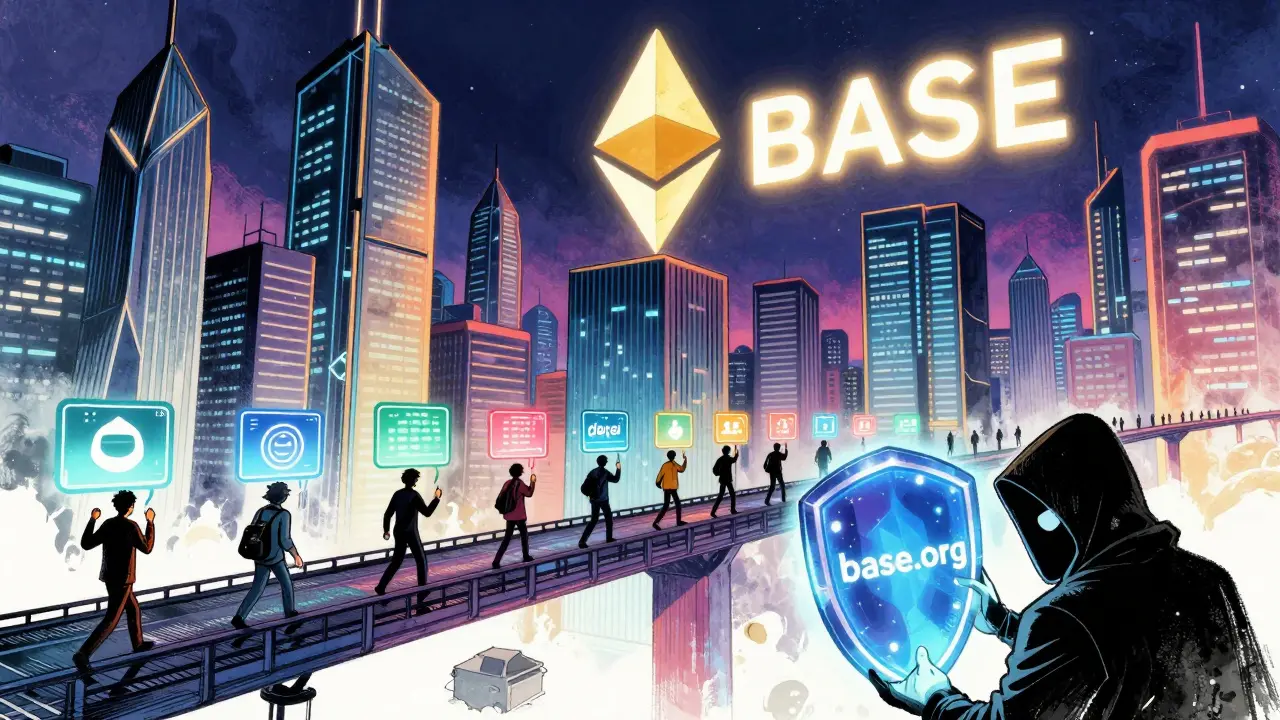 A digital city built on blockchain with citizens trading tokens, scammer blocked by base.org shield.