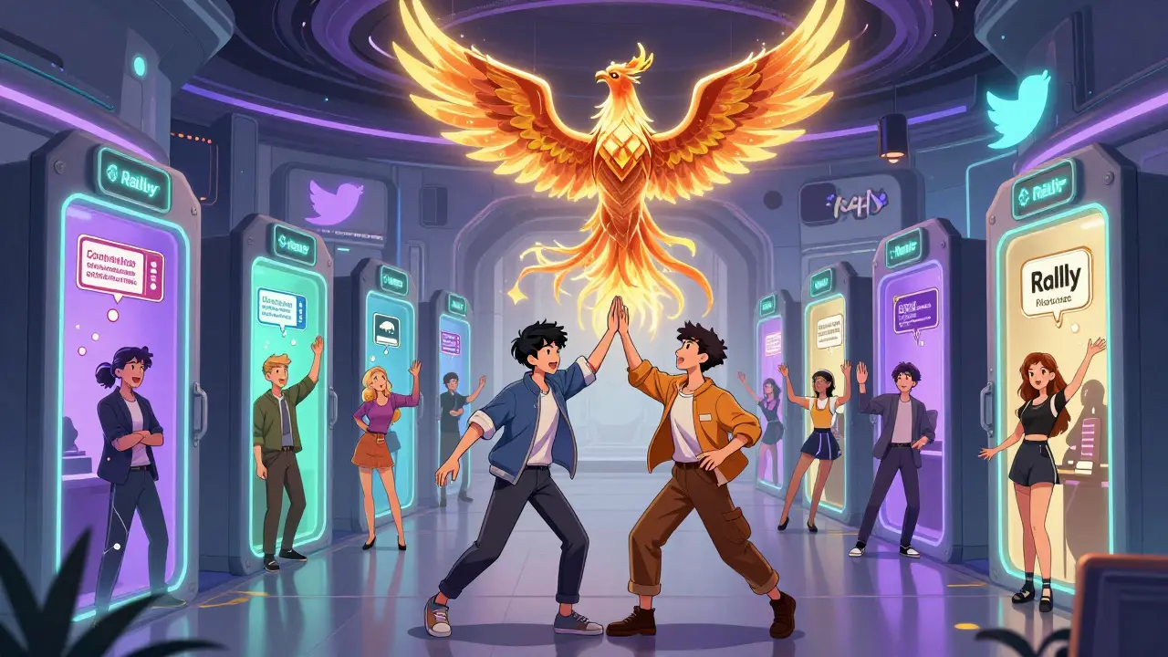 A diverse community gathering in a futuristic space where token-gated doors unlock exclusive experiences.