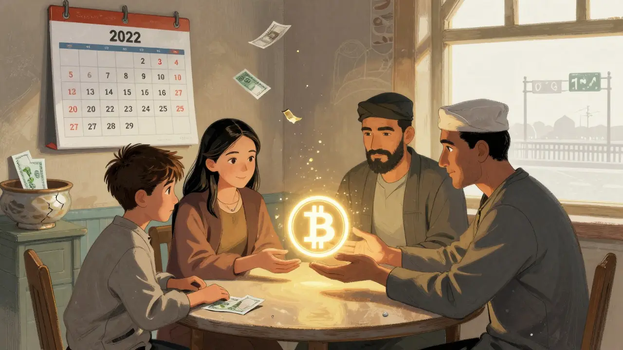 A family holds Bitcoin as their rials lose value, keeping a seed phrase safe as their economy collapses.