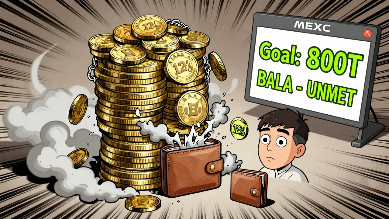 A giant stack of BALA tokens crumbling as 12% fees vanish, with a failed MEXC Kickstarter board in the corner.