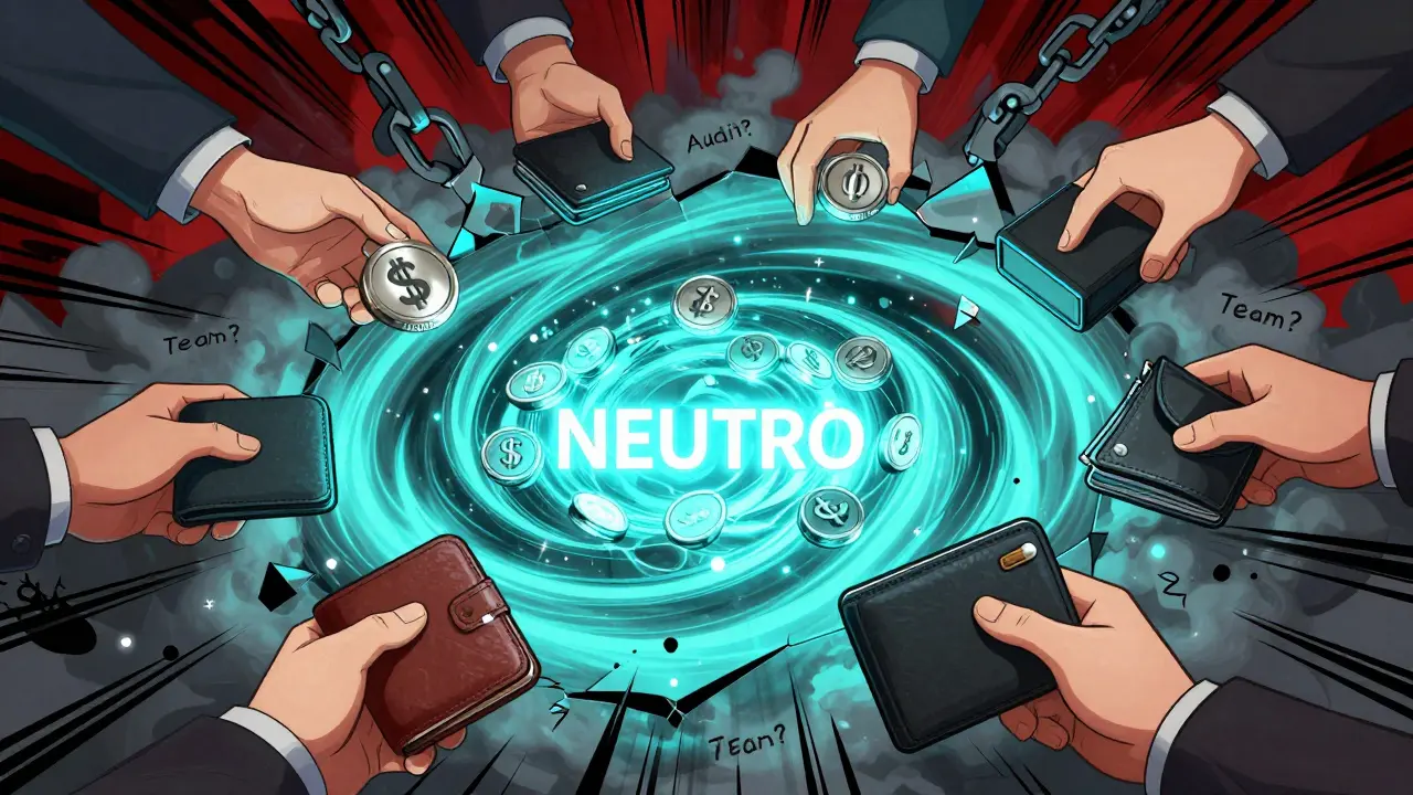 A glowing NEUTRO token in a swirling DEX portal as hands reach in, with broken blockchain links nearby.
