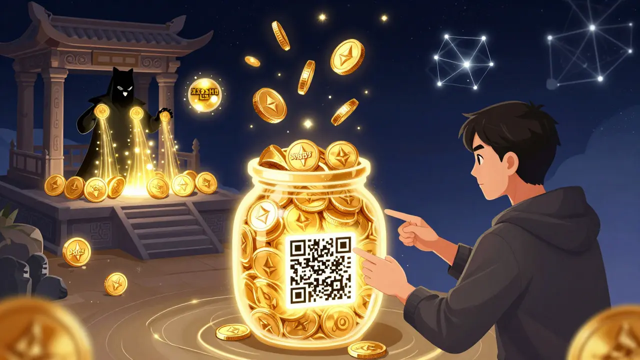 A golden liquidity pool emits reward coins as a person stakes SUSHI tokens into a glowing temple, with xSUSHI orbs floating above.