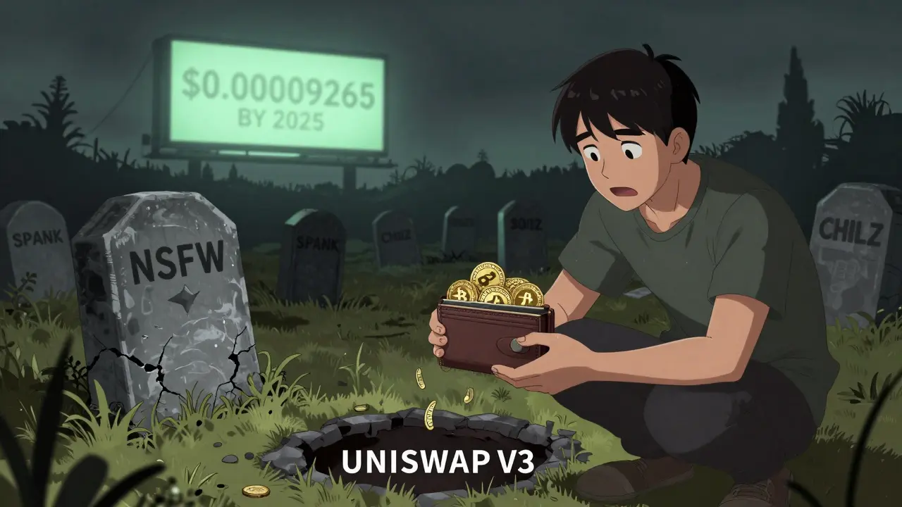 A graveyard of crypto tokens with NSFW's cracked tombstone; a fan hesitates to toss coins into a dark pit.