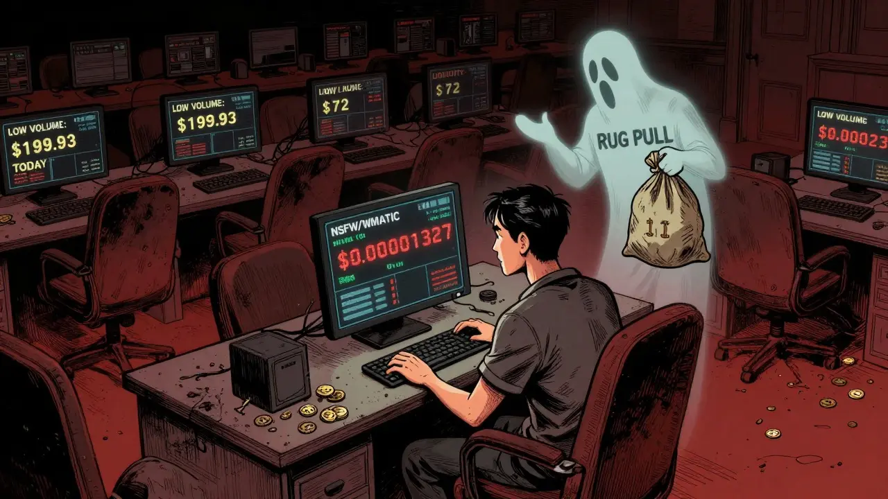 A lone trader faces a low-volume crypto screen in an empty trading room, with a ghostly 'RUG PULL' figure looming.
