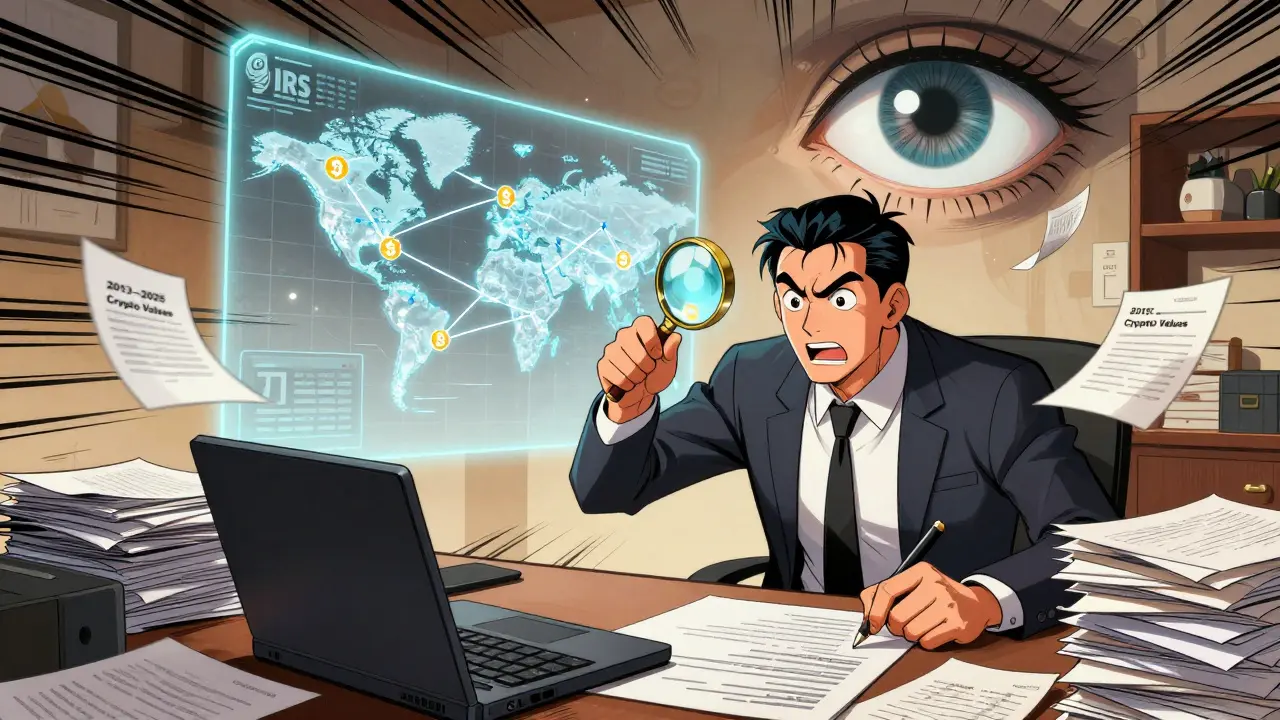 A man sorts years of crypto records as a blockchain map projects behind him.