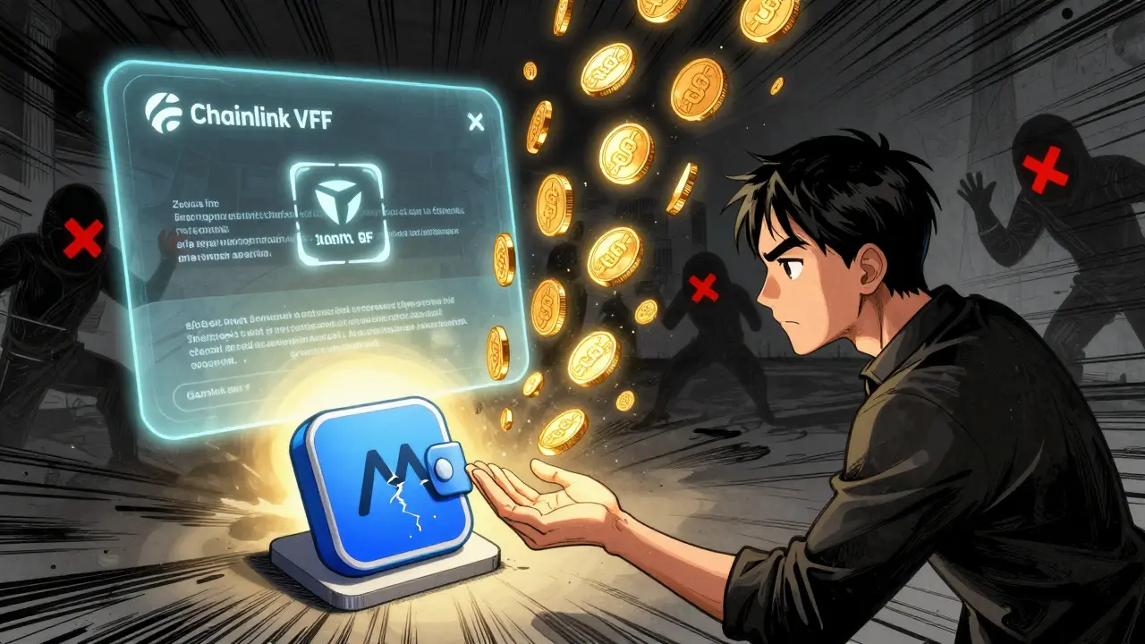 A person catches a rain of SNE tokens after clicking a blockchain-shaped button, while scam figures retreat in the background.