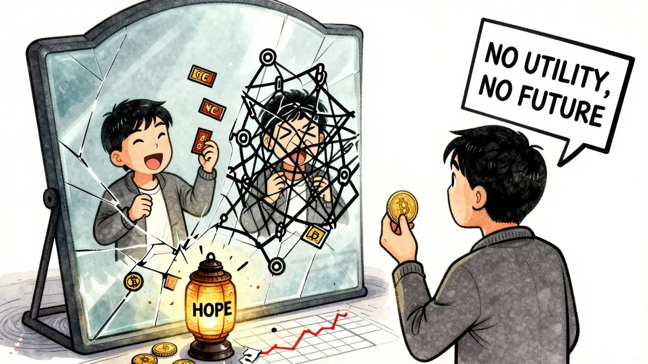 A person sees three versions of themselves in a cracked mirror, symbolizing buying, trapping, and losing in a meme coin scheme.