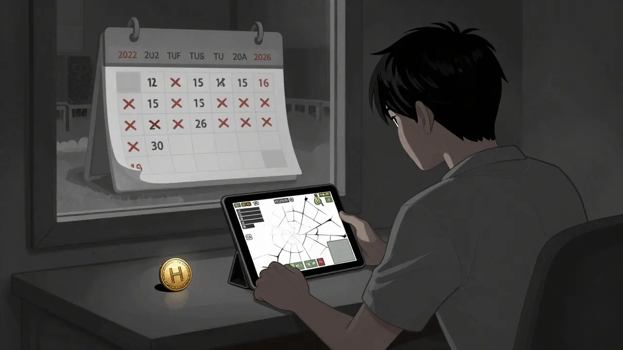 A solitary player in a dark room facing a dead Hero Arena game interface with a calendar showing years of silence.