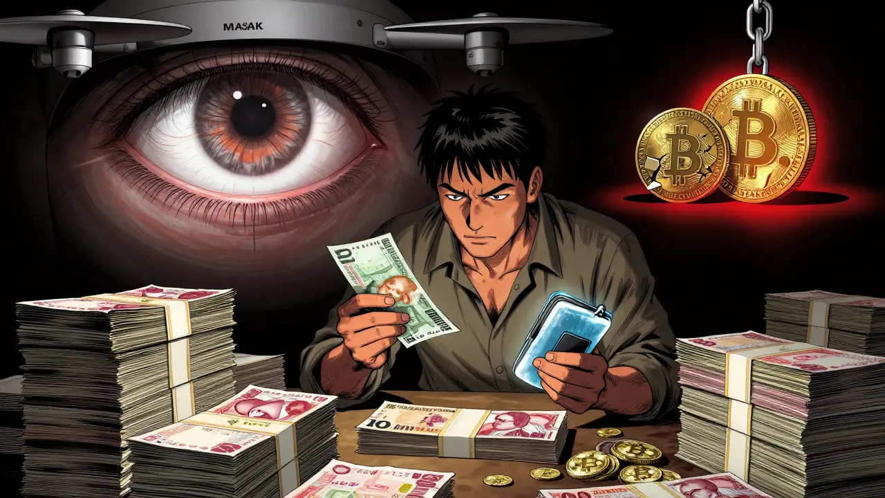 A trader caught between taxed lira and frozen crypto, watched by a surveillance eye from MASAK.