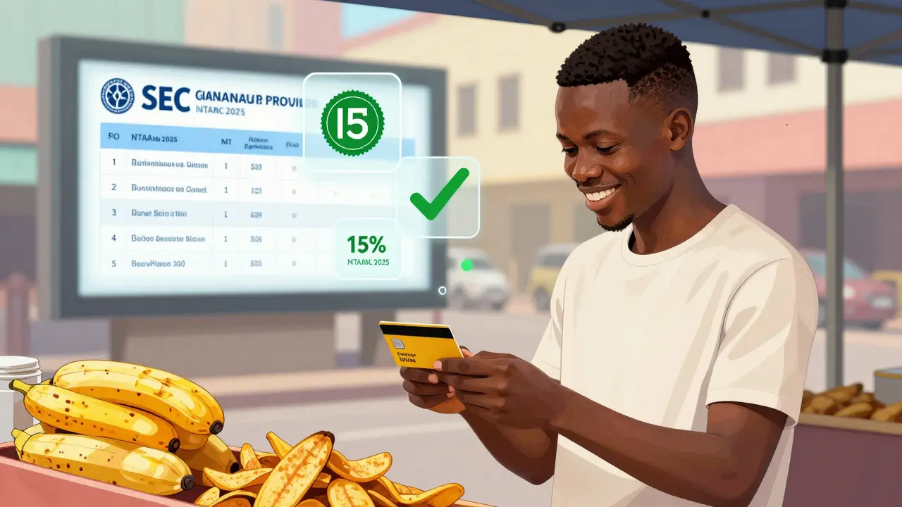 A young man uses a crypto debit card to buy goods, with tax calculation and SEC license list floating nearby.