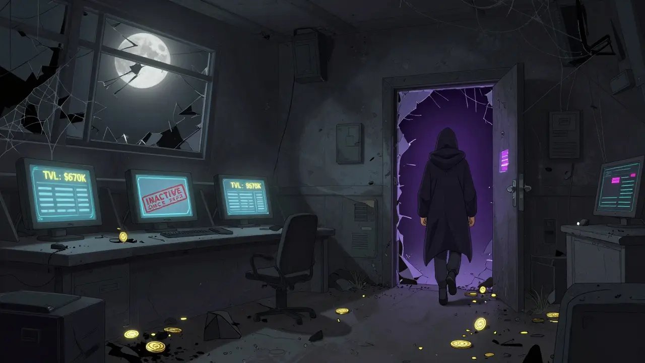 Abandoned Autofarm control room with a flickering screen and the vanished founder walking away.