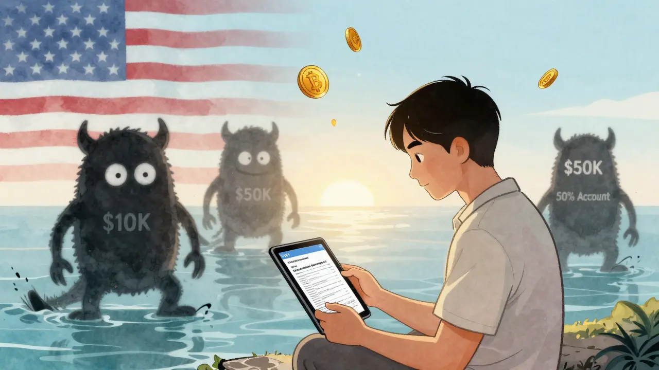 An expat files taxes peacefully as penalty monsters vanish in sunrise light.