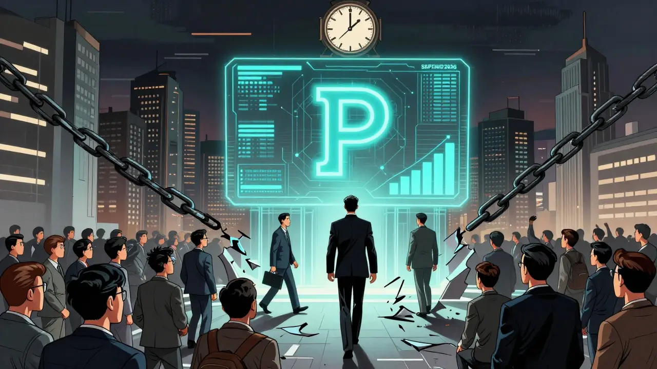 Citizens chained by crypto restrictions while institutional figures walk freely toward a digital ruble gateway.