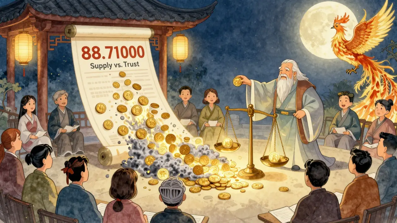 Community voting as tokens dissolve into ash, a gold coin balances supply and trust