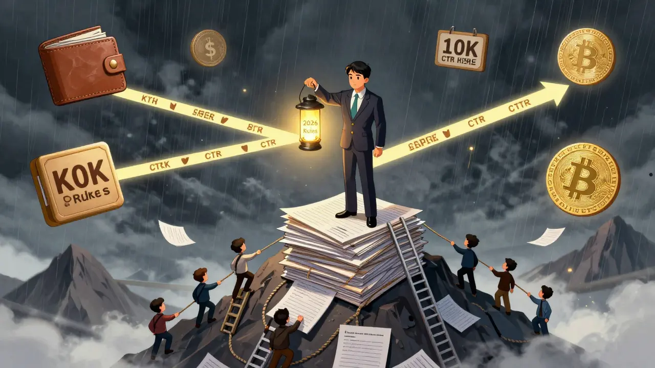 Compliance officer guides crypto founders through 2026 regulatory challenges with a glowing lantern.