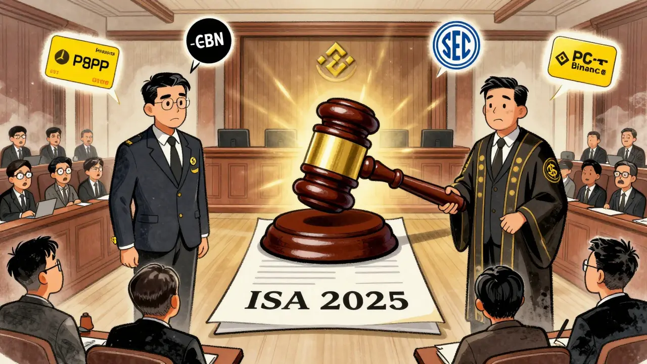 Courtroom scene with blockchain gavel and regulators signing the ISA 2025 crypto law.