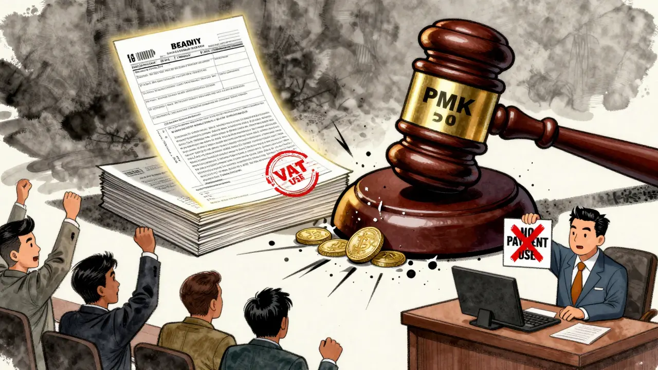 Courtroom scene with VAT tax crushed by income tax form, crypto traders celebrating as payment ban is enforced.