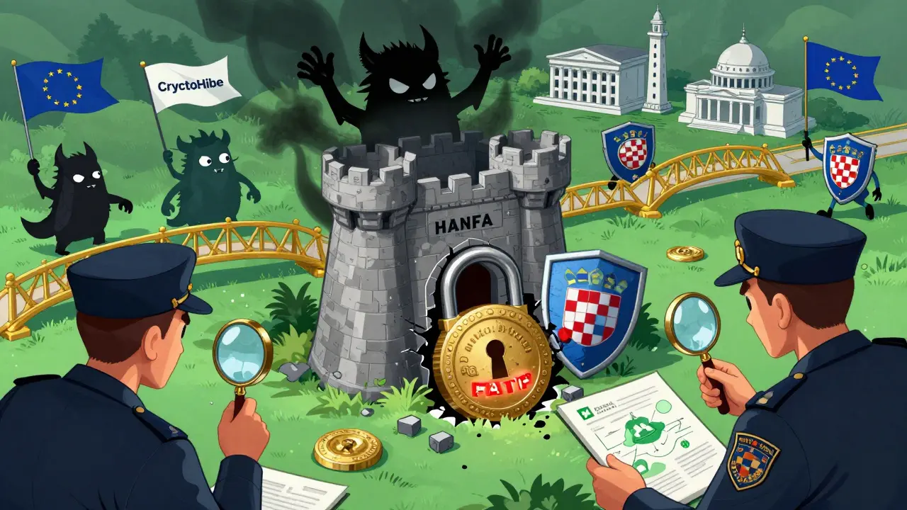 Croatian regulators defeating unlicensed crypto goblins in manhua illustration