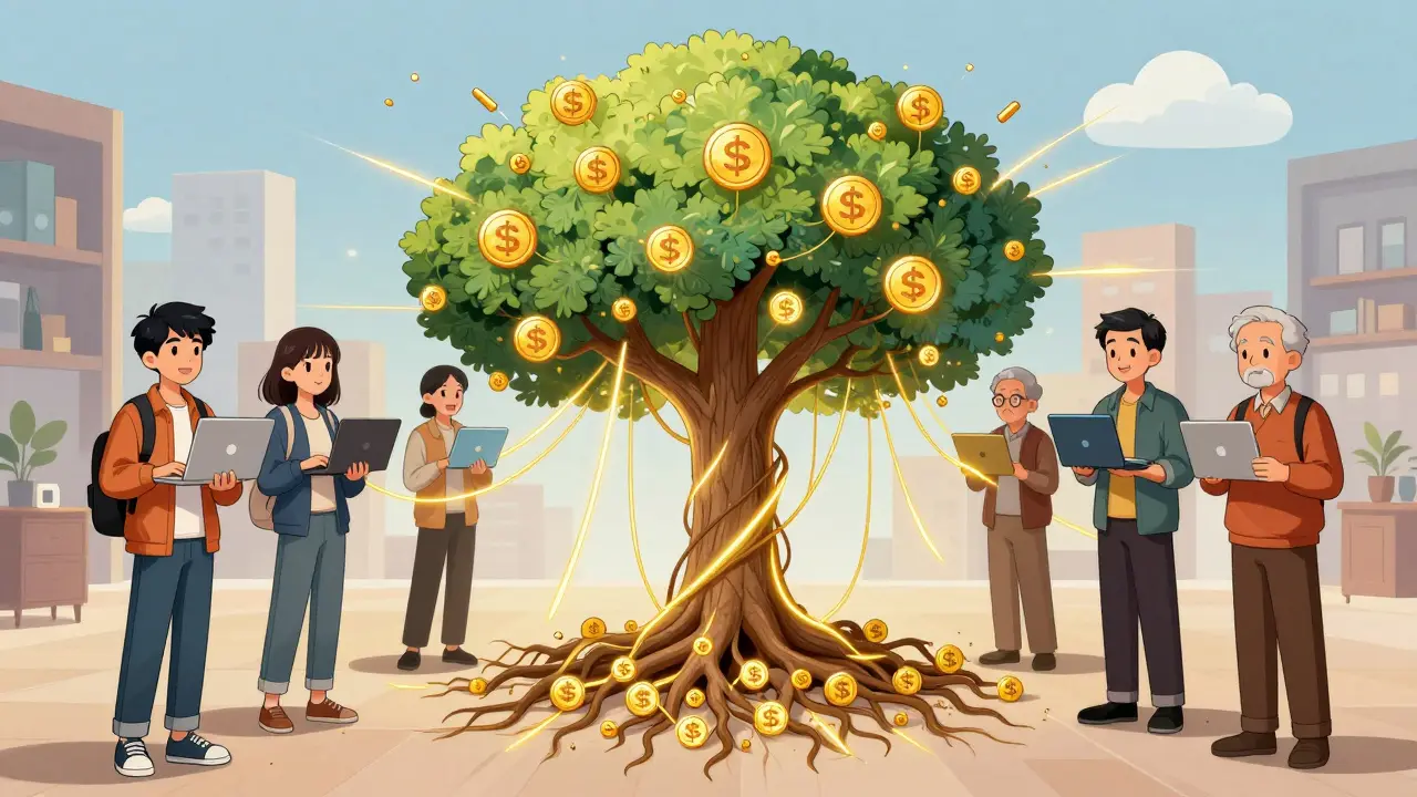 Diverse individuals stand beside devices linked by golden threads to a tree made of blockchain roots and SNE token leaves.