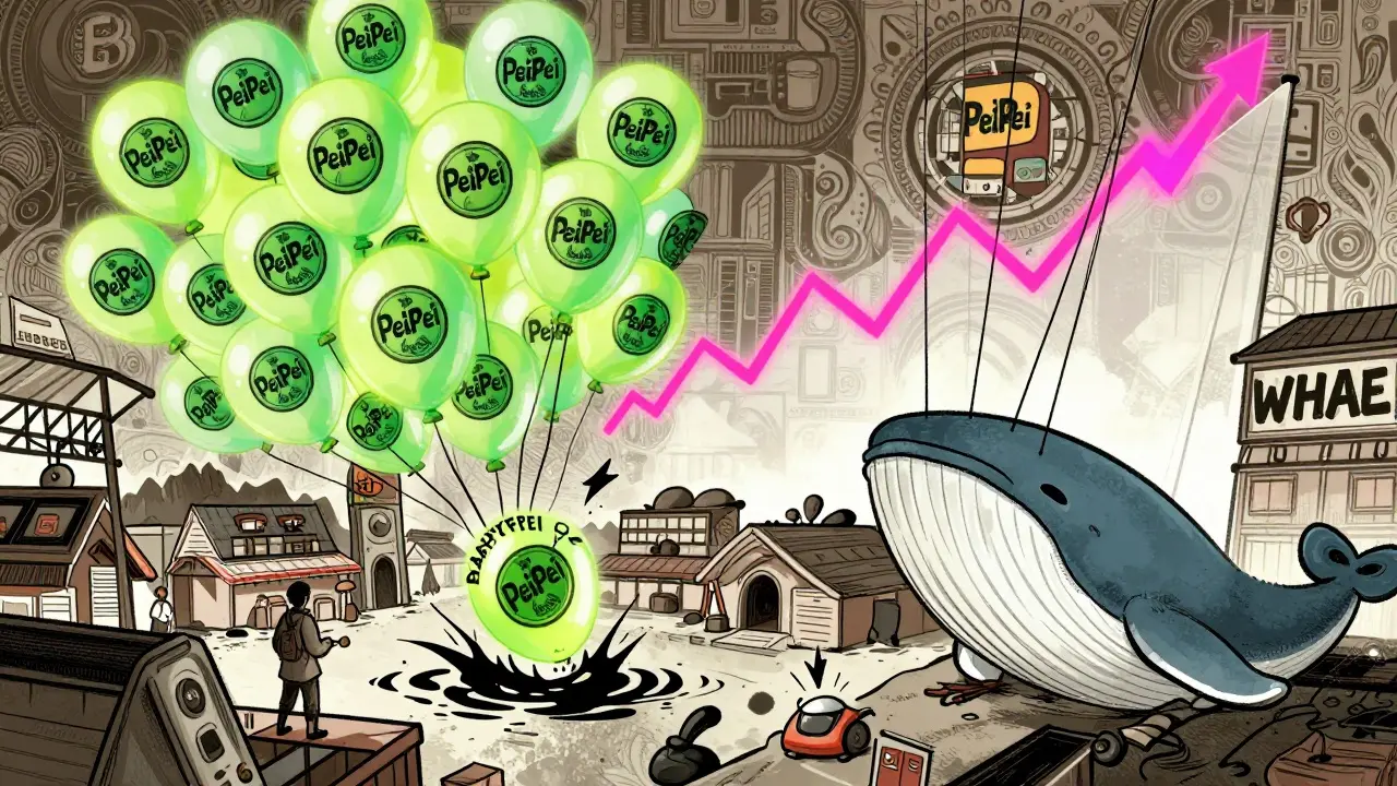 Dozens of PeiPei tokens float like balloons, one sinking as a giant whale controls price graphs in a chaotic digital marketplace.