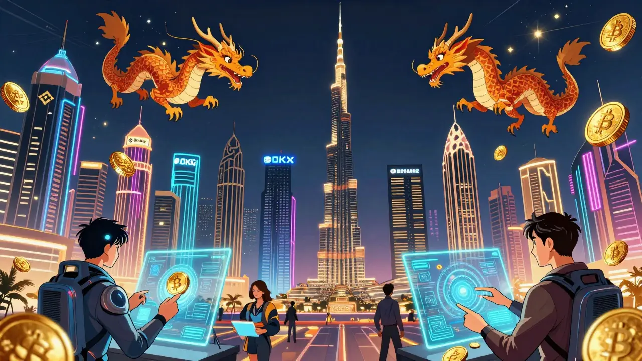 Dubai skyline with flying crypto dragons and neon-lit free zones at night.