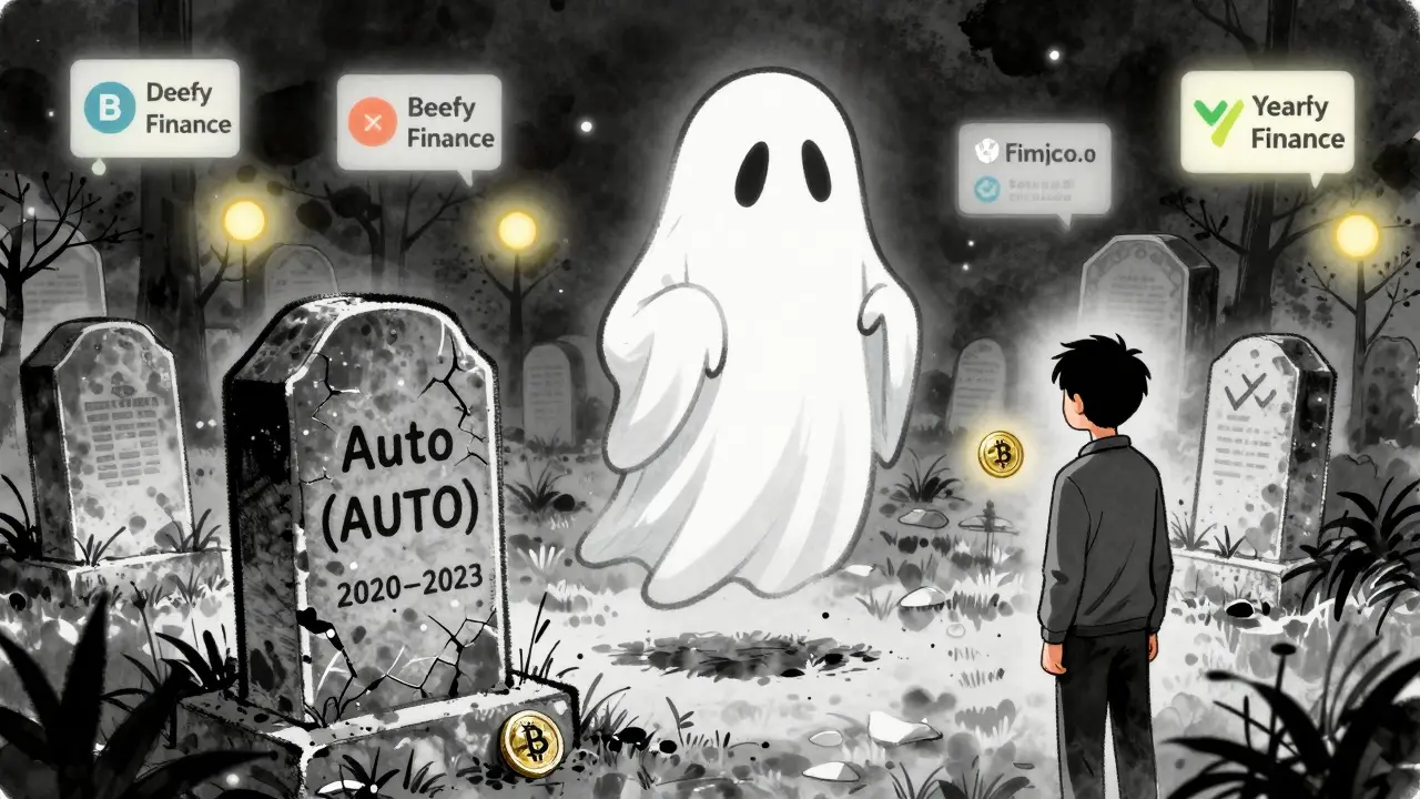 GHOST token tombstone in a crypto graveyard beside thriving DeFi projects.