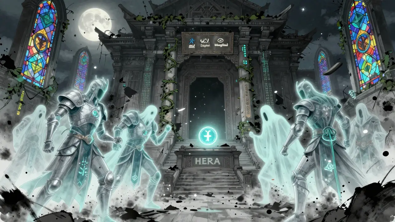 Ghostly NFT heroes frozen in an abandoned battlefield, with investor logos overgrown by blockchain vines and a fading HERA token.