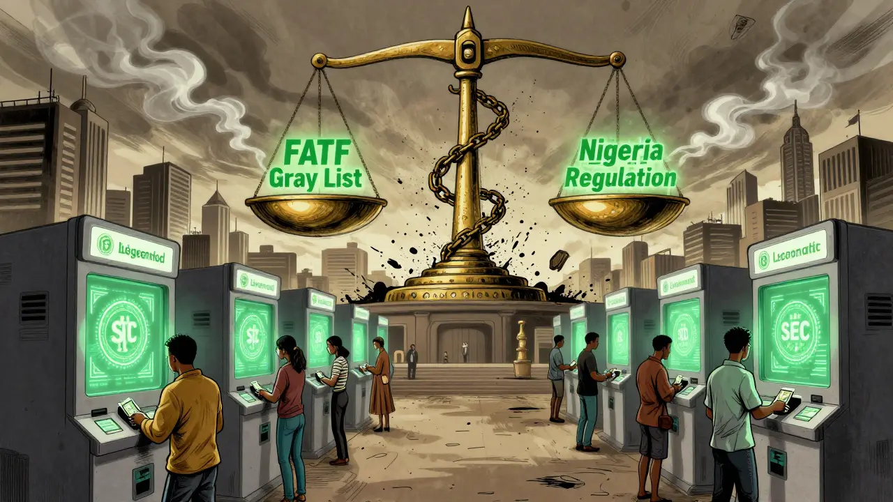 Lagos skyline with licensed crypto ATMs and a scale balancing FATF gray list against regulation.