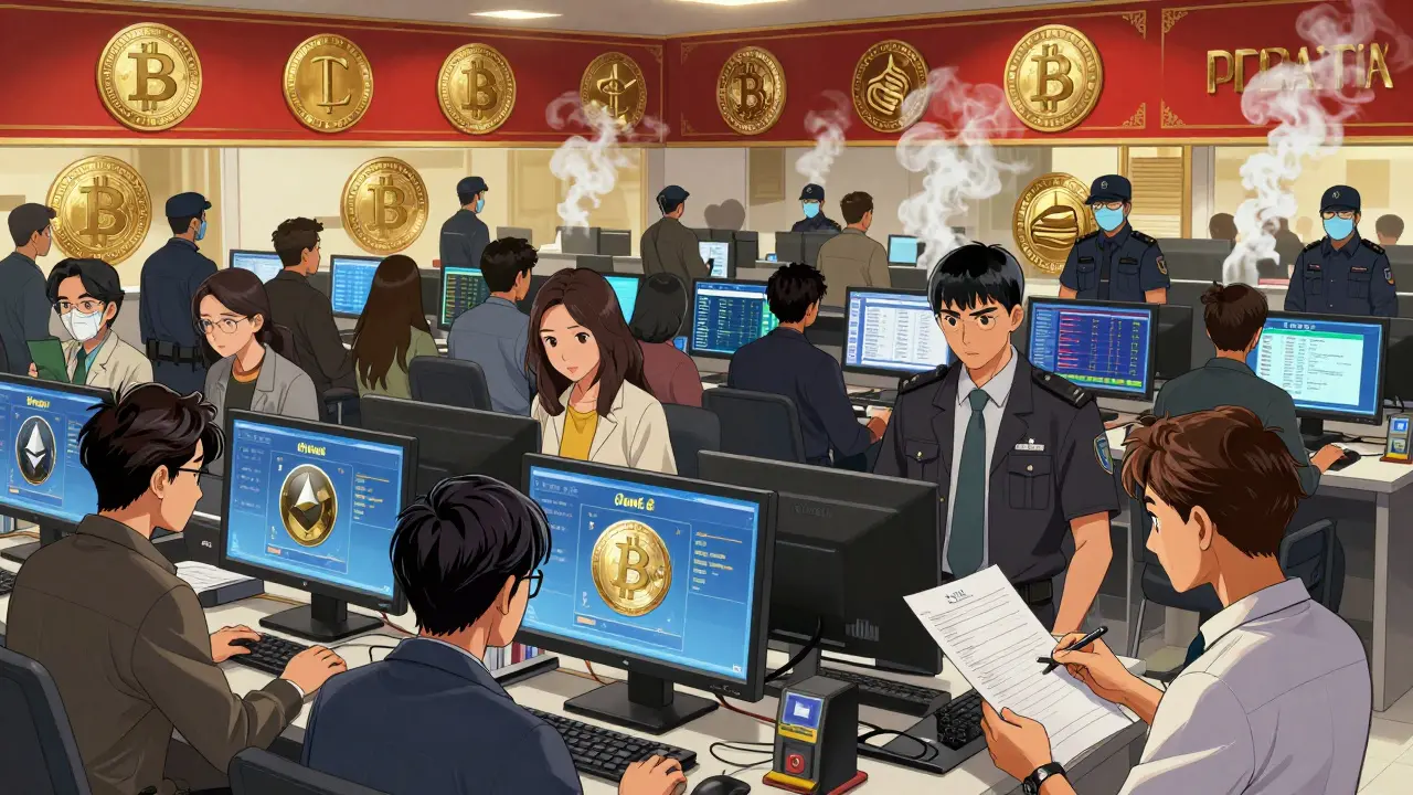 Orderly crypto exchange floor in Indonesia with approved tokens and regulators monitoring transactions.